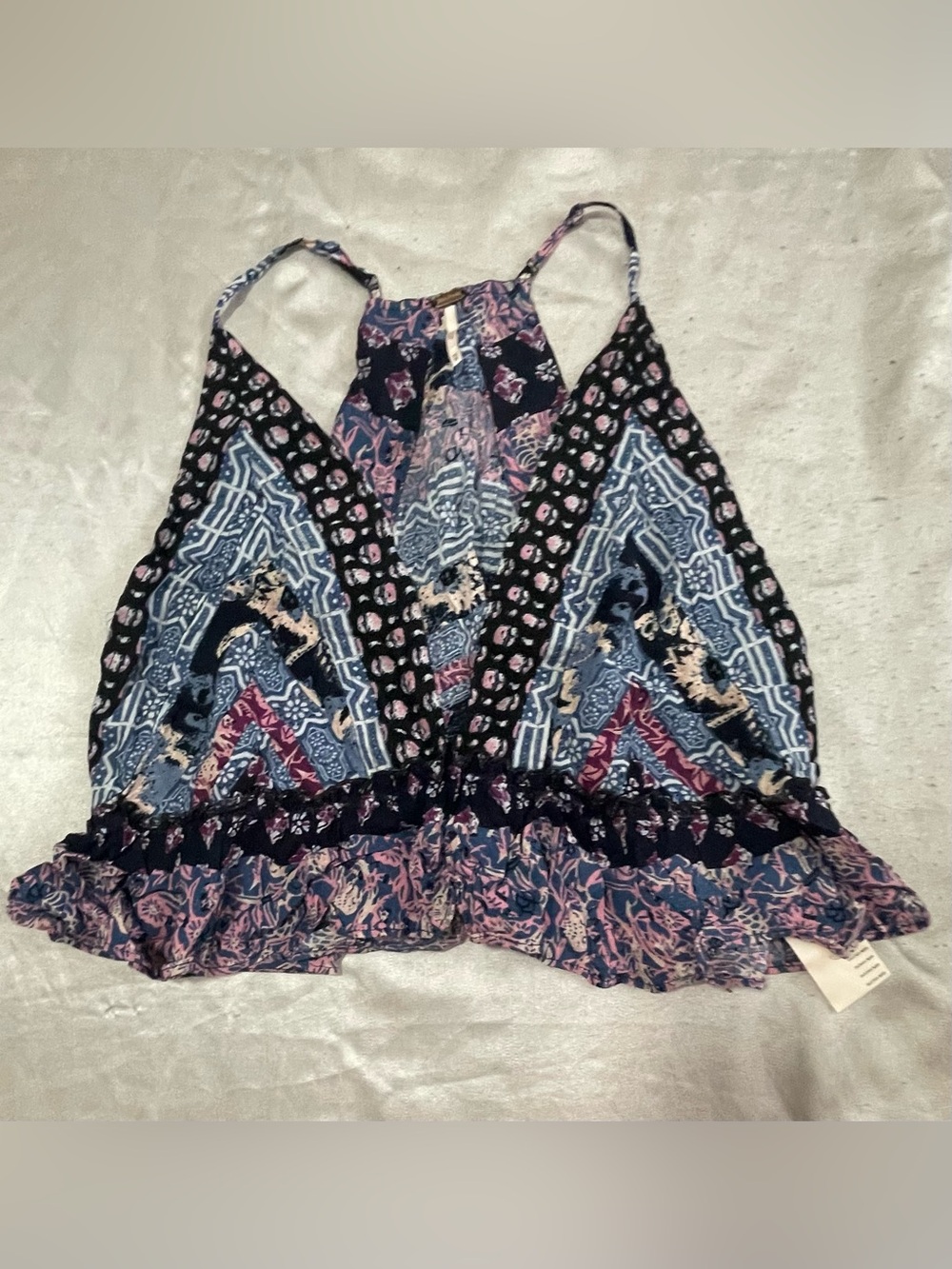 Free People Blue & Pink Patterned Ruffle Hem Cami